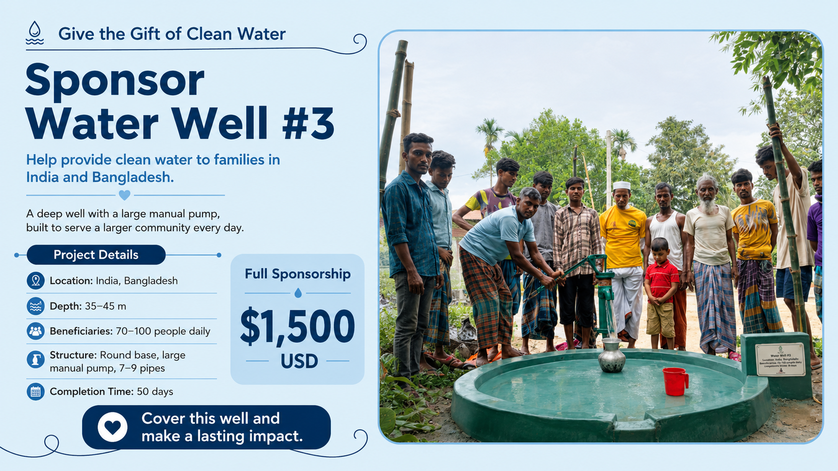 Sponsor Water Well #3 — deep well with large manual pump for families in India and Bangladesh