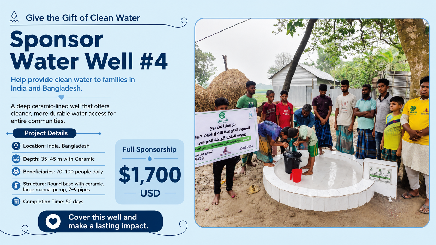 Sponsor Water Well #4 — deep ceramic-lined well for families in India and Bangladesh