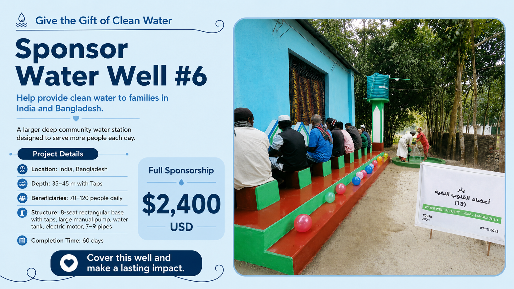 Sponsor Water Well #6 — larger deep community water station for families in India and Bangladesh