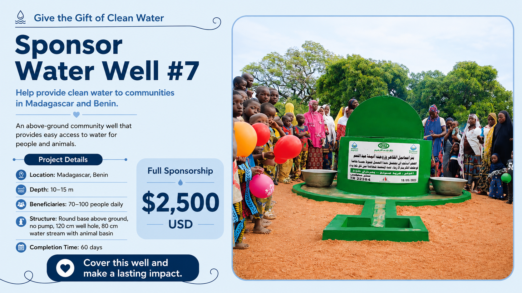 Sponsor Water Well #7 — above-ground community well for people and animals in Madagascar and Benin